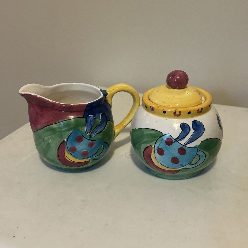 Vintage Hand Painted Creamer & Lidded Sugar Bowl Set Mediterranean Tuscan